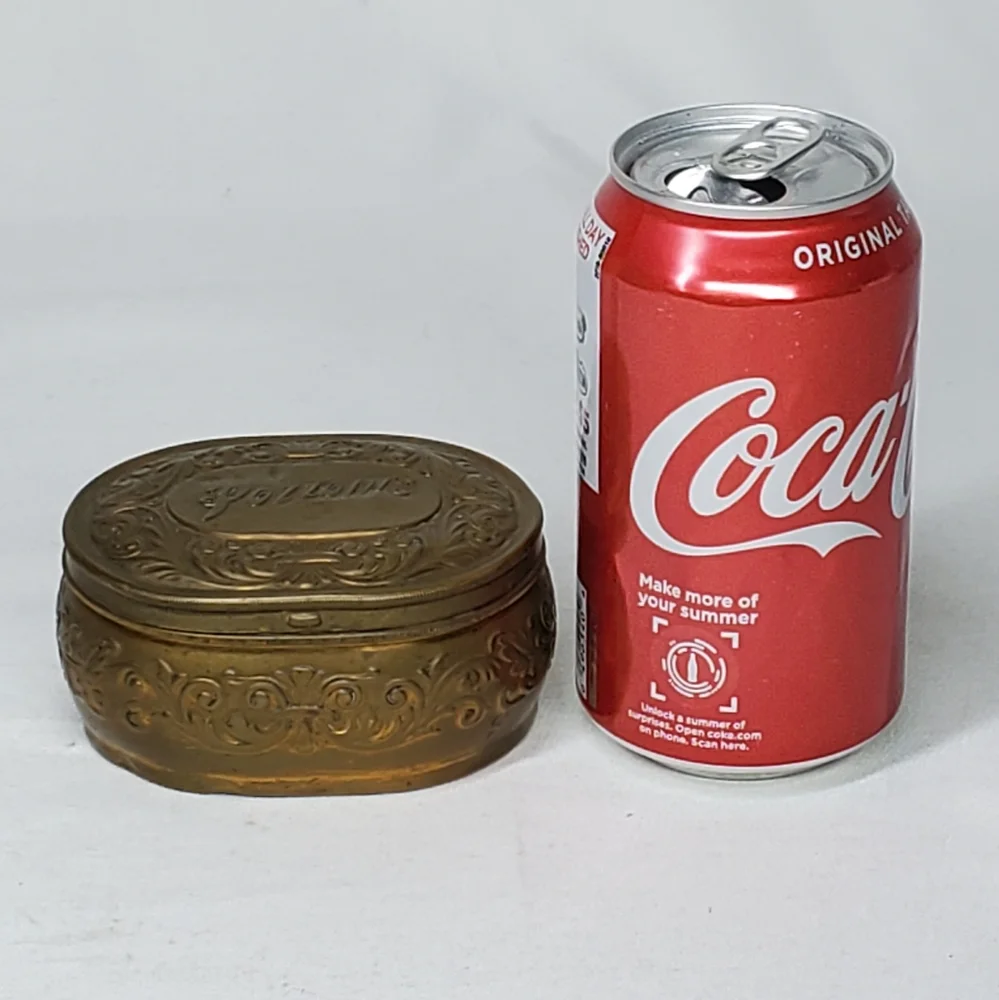 Antique Pozzoni's 1912 Brass Powder Puff Tin Box Embossed Lidded Trinket Dresser